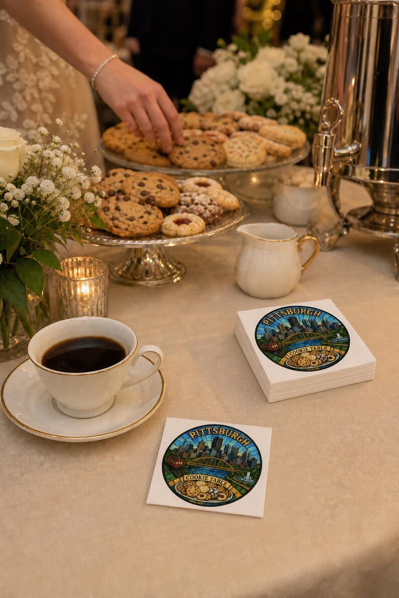 Pu&ograve; includere: Una pila di tovaglioli di carta quadrati e un singolo tovagliolo con un'illustrazione circolare dello skyline di Pittsburgh, un ponte giallo e vari biscotti con il testo Pittsburgh Cookie Table stampato in uno stile a vetrata.