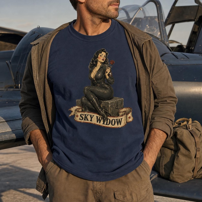 May include: A navy blue t-shirt featuring a graphic print of a woman in a black flight suit sitting on a metal crate, holding a red rose. Below the crate, a beige banner displays the text SKY WIDOW in bold, dark letters with red stars.