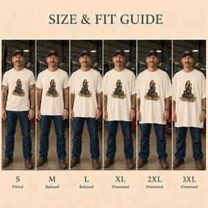 May include: A size and fit guide featuring six variations of a cream-colored t-shirt with a graphic print of a woman sitting on a box and the text Sky Widow. The shirts are displayed on a person wearing a dark baseball cap and blue jeans.