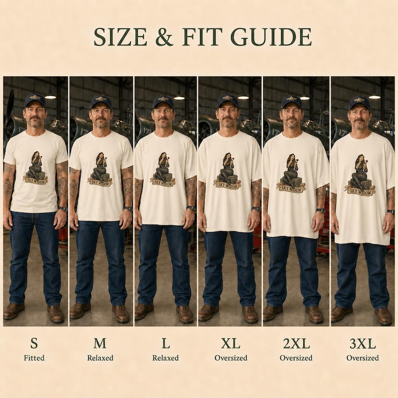 May include: A size and fit guide featuring six variations of a cream-colored t-shirt with a graphic print of a woman sitting on a box and the text Sky Widow. The shirts are displayed on a person wearing a dark baseball cap and blue jeans.