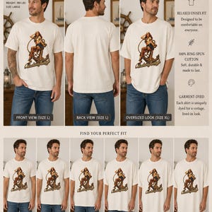 May include: A Comfort Colors 1717 size and fit guide featuring a cream-colored t-shirt with a graphic of a person sitting on an anchor and the text Anchors Aweigh. The chart displays front, back, and oversized views, plus size options from S to 3XL.