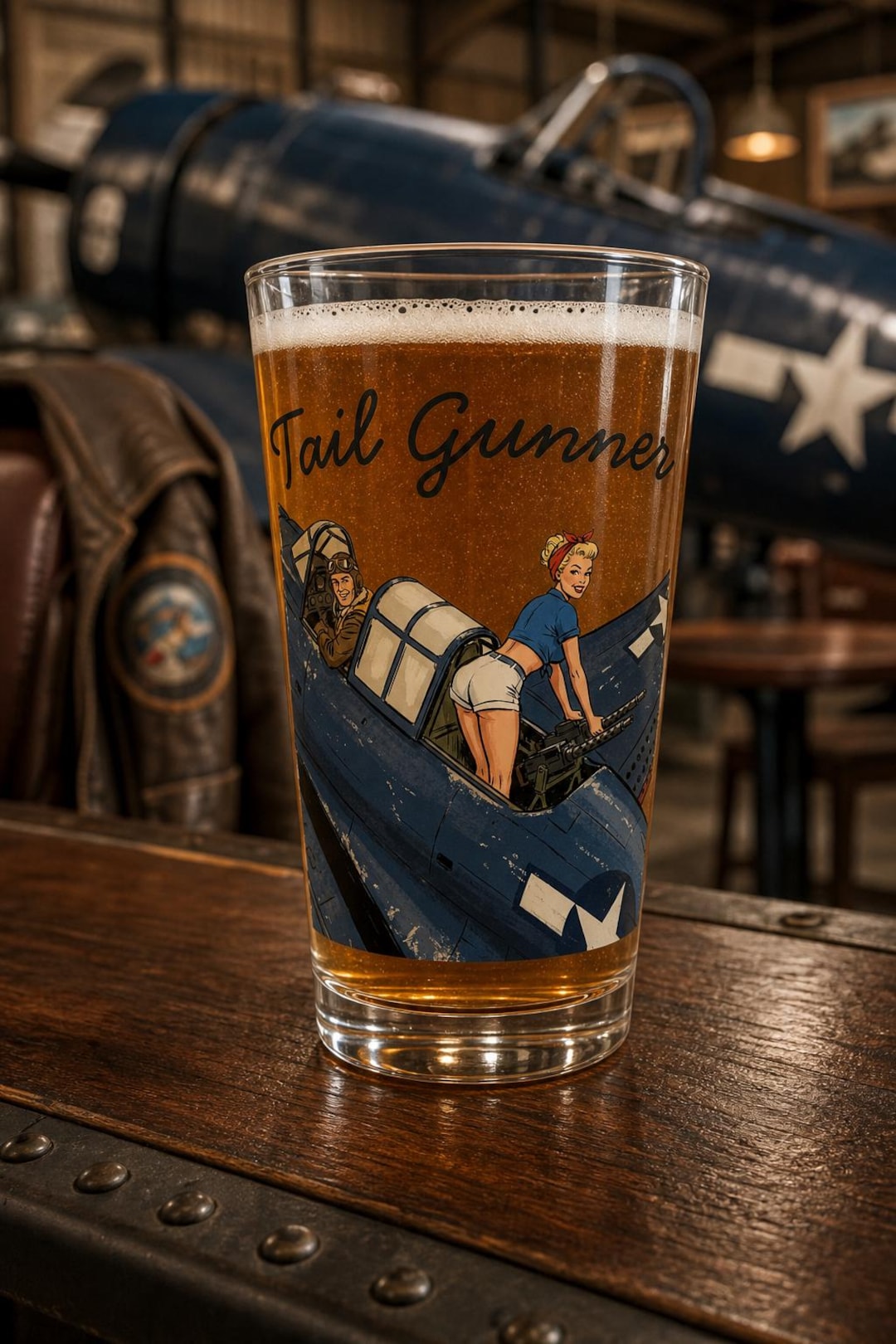 Tail Gunner WWII Navy nose art pint glass from SunSpun Creations