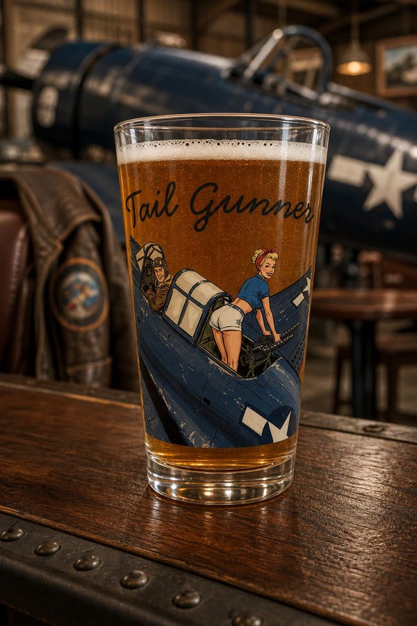 Pin Up Beer Glass, Tail Gunner WWII Navy Nose Art Pint Glass, Vintage Aviation Barware