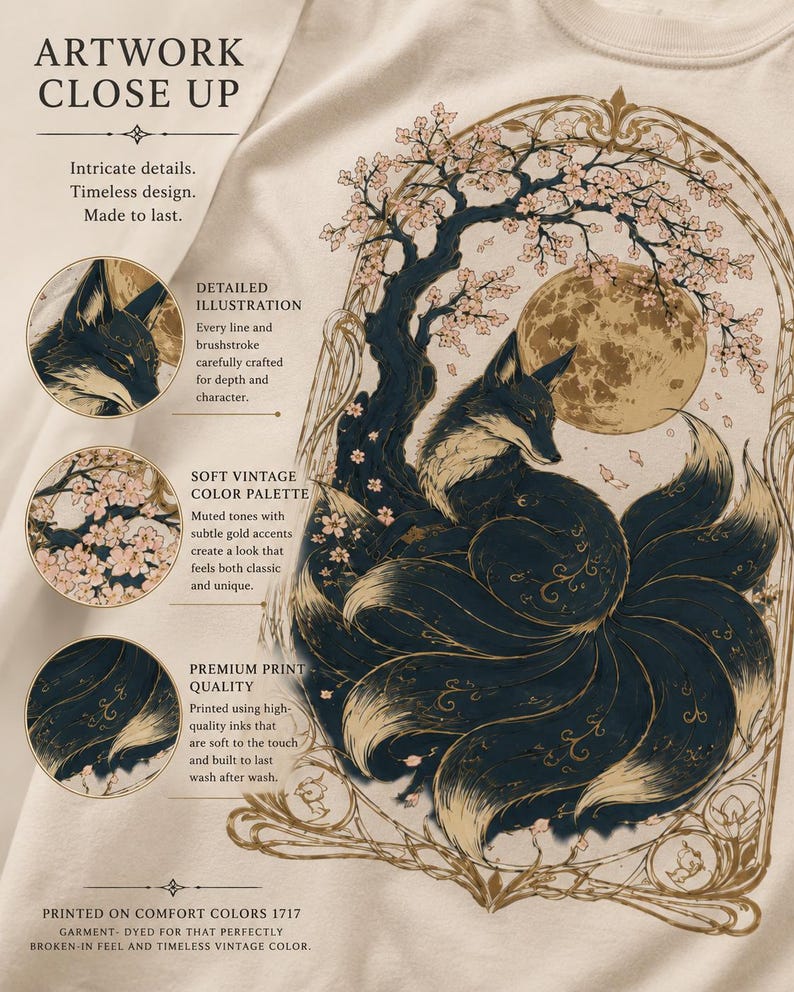 May include: A cream-coloured t-shirt featuring a detailed graphic of a nine-tailed fox sitting under a flowering tree and a large moon. The illustration is framed by an ornate archway and includes text such as ARTWORK CLOSE UP, DETAILED ILLUSTRATION, SOFT VINTAGE COLOUR PALETTE, PREMIUM PRINT QUALITY, and PRINTED ON COMFORT COLORS 1717.