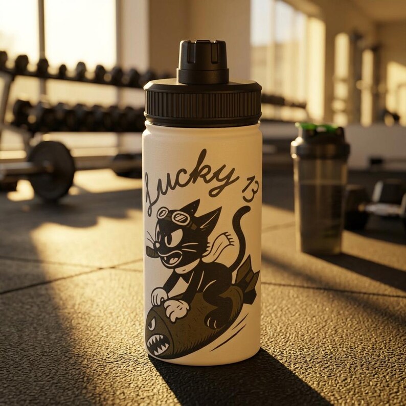 Lucky 13 Cat Bomb Nose Art Water Bottle, WWII Bomber Aviation image 3