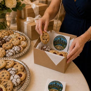 Pu&ograve; includere: Una scatola quadrata di cartone riempita con biscotti assortiti e un cartoncino quadrato con una grafica circolare Pittsburgh Cookie Table. La grafica raffigura lo skyline di una citt&agrave;, un ponte giallo e un piatto di biscotti con il testo Pittsburgh Cookie Table.