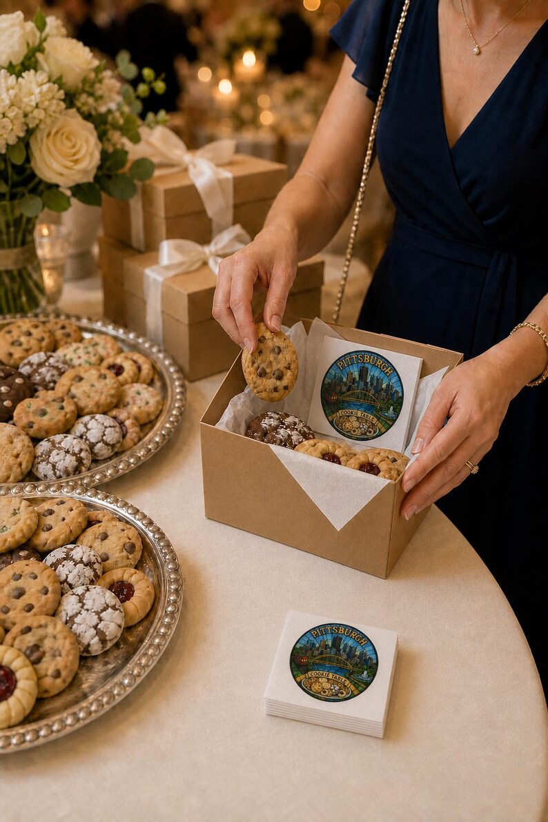Pu&ograve; includere: Una scatola quadrata di cartone riempita con biscotti assortiti e un cartoncino quadrato con una grafica circolare Pittsburgh Cookie Table. La grafica raffigura lo skyline di una citt&agrave;, un ponte giallo e un piatto di biscotti con il testo Pittsburgh Cookie Table.