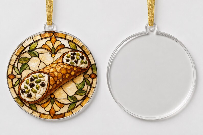 May include: A round, flat, clear acrylic ornament featuring a printed illustration of a cannoli filled with cream, chocolate chips, and pistachios, set against a stained-glass style background with gold ribbon for hanging. A second blank ornament is shown.