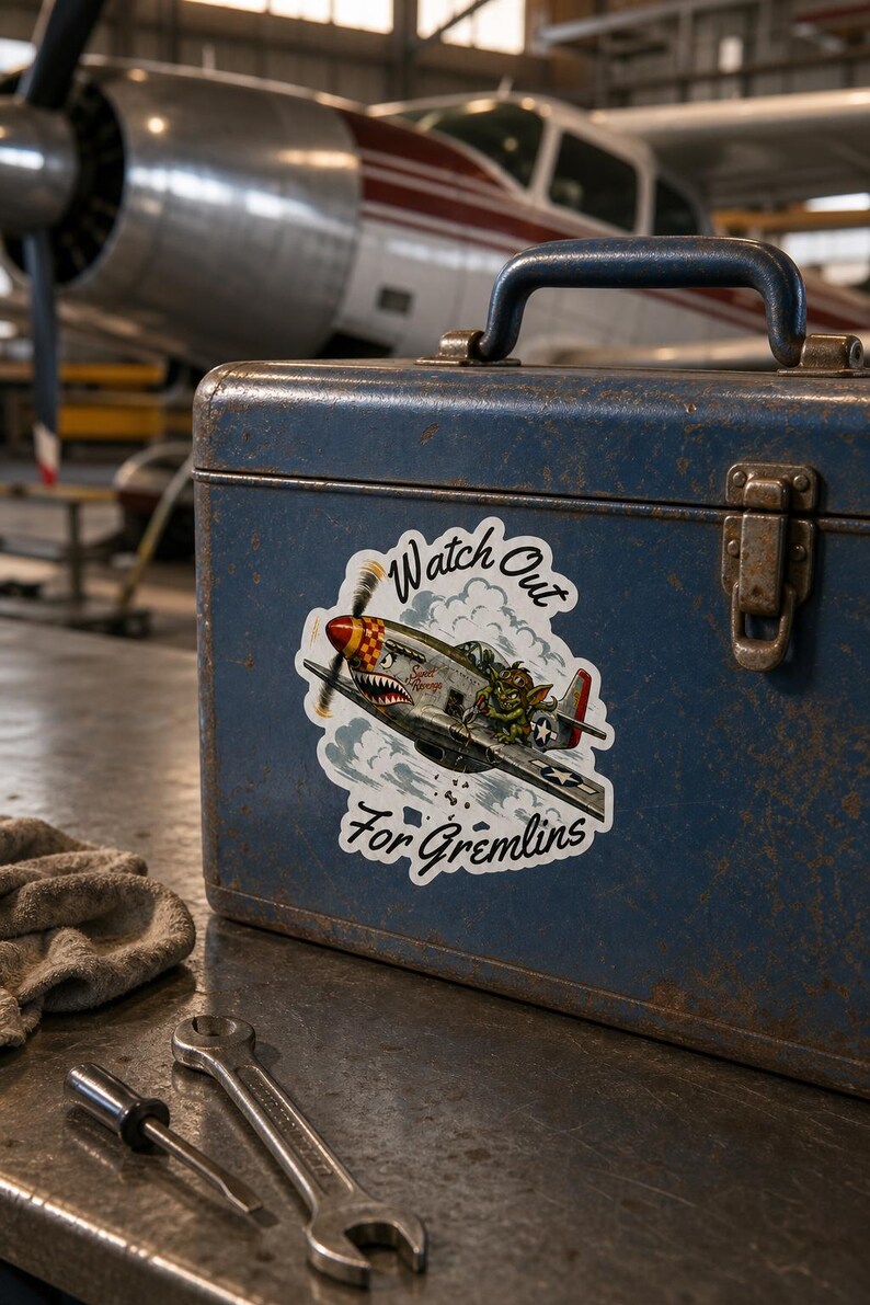 WWII Nose Art Gremlin Sticker, Vintage Warbird Aviation Decal, Pilot Gift image 4