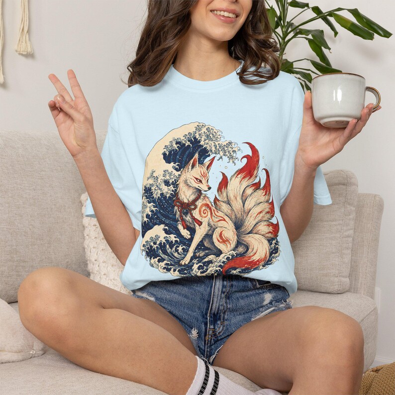 Kitsune Shirt, Japanese Fox Spirit, Ukiyo-e Wave Art, Folklore Tee image 11