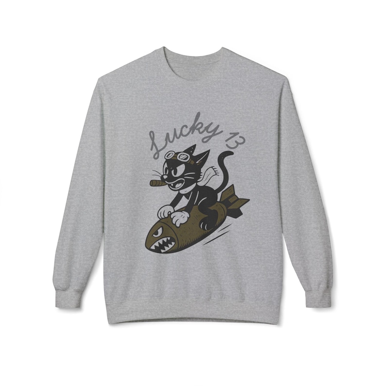 WWII Bomber Nose Art Sweatshirt | Lucky 13 Cartoon Cat Design image 8