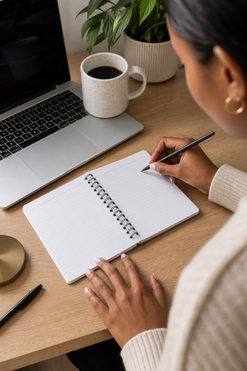 May include: A white spiral-bound notebook with lined pages lies open on a wooden desk. A black pen is held in position to write on the paper. Nearby, a silver laptop, a speckled white ceramic mug filled with black coffee, and a black pen are visible.