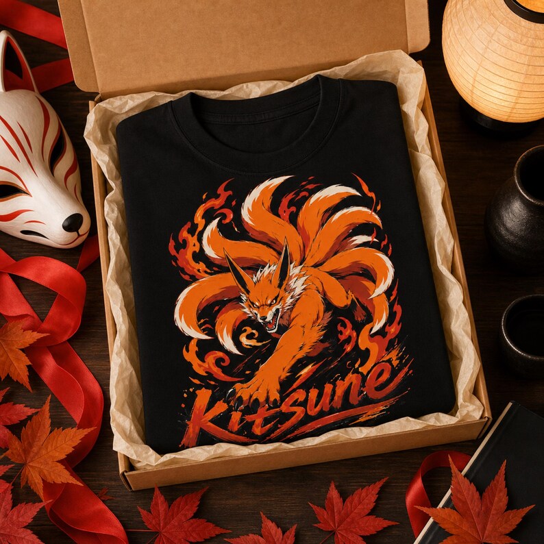 K&ouml;nnte beinhalten: Ein schwarzes T-Shirt mit einer grafischen Illustration eines orangefarbenen neunschw&auml;nzigen Fuchses, der von stilisierten Flammen umgeben ist. Das Wort Kitsune ist in einer fetten, orangefarbenen Schreibschrift unter dem Fuchs gedruckt.