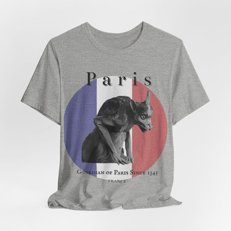 Gothic Gargoyle Paris T-Shirt | French Flag Travel Tee | Dark Art France Shirt image 6
