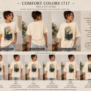 May include: A Comfort Colors 1717 cream-coloured t-shirt featuring a graphic of a bird perched on a branch within an ornate archway. The image displays front and back views, an oversized fit, and a size chart ranging from small to 3XL with fit descriptions.