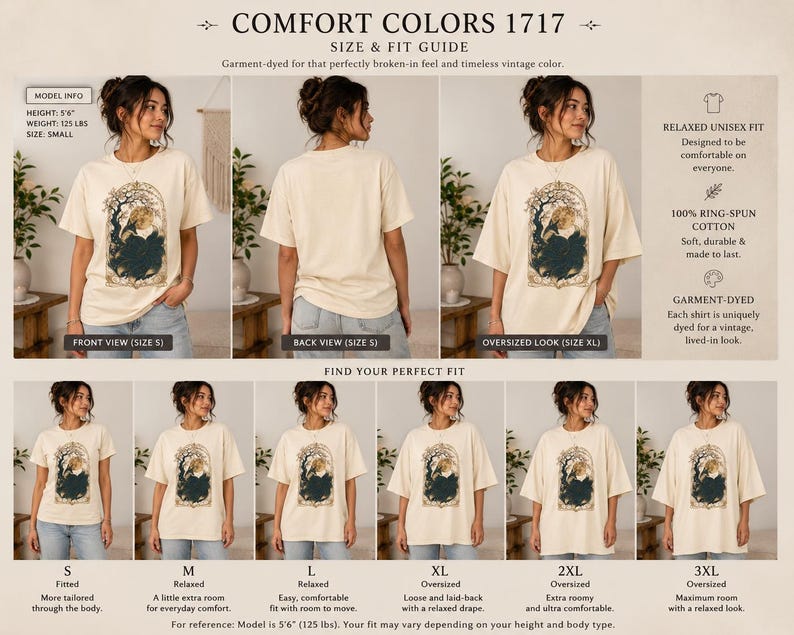 May include: A Comfort Colors 1717 cream-coloured t-shirt featuring a graphic of a bird perched on a branch within an ornate archway. The image displays front and back views, an oversized fit, and a size chart ranging from small to 3XL with fit descriptions.