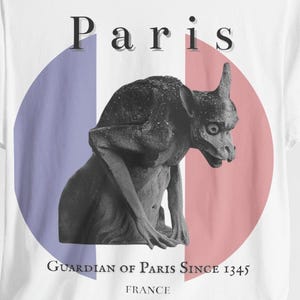 Gothic Gargoyle Paris T-Shirt | French Flag Travel Tee | Dark Art France Shirt image 1