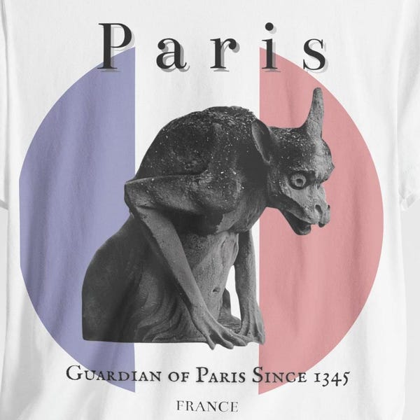 Gothic Gargoyle Paris T-Shirt | French Flag Travel Tee | Dark Art France Shirt