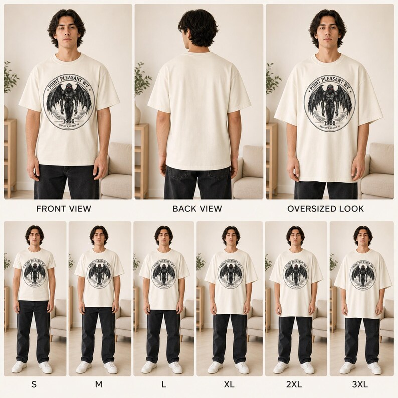 May include: An off-white short-sleeve t-shirt featuring a circular black graphic on the chest. The design depicts a winged creature with the text "POINT PLEASANT WV", "1966", and coordinates. The shirt is shown in various sizes from S to 3XL.