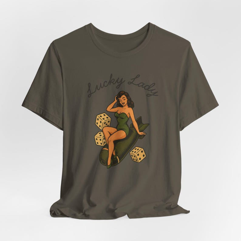 WWII Bomber Nose Art T-Shirt | Lucky Lady Pin-Up Girl | Vintage Aviation Pilot Gift image 11