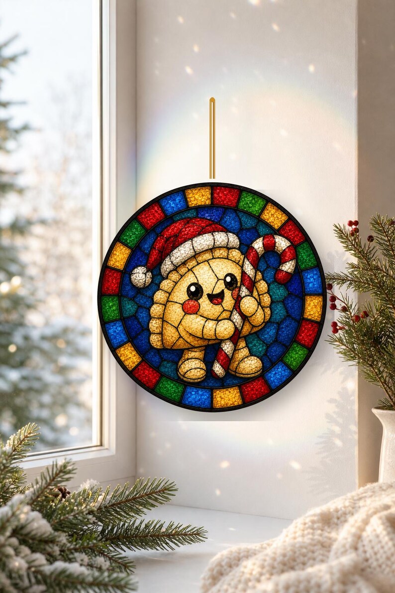 May include: A circular stained glass suncatcher featuring a smiling dumpling character wearing a red and white Santa hat and holding a red and white striped candy cane. The border consists of alternating red, blue, yellow, and green glass tiles.