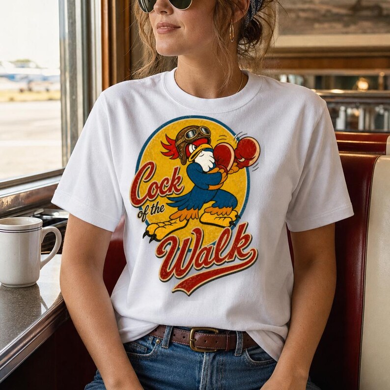 May include: A white short-sleeved t-shirt featuring a graphic of a cartoon rooster wearing aviator goggles and boxing gloves. The design is set within a yellow circle with a blue border and includes the red text Cock of the Walk.