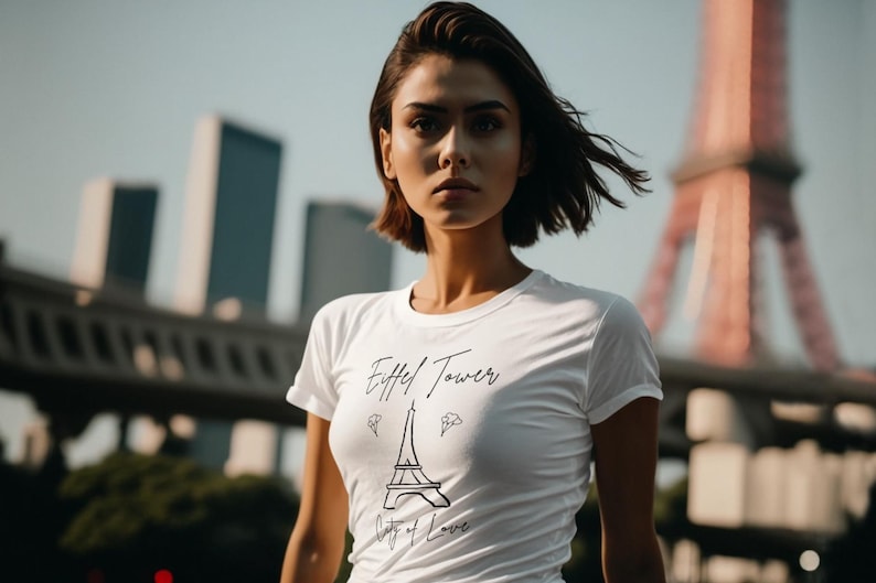 Puede incluir: Camiseta blanca con el gr&aacute;fico de la Torre Eiffel y el texto "Eiffel Tower City of Love". La Torre Eiffel es negra, con dos peque&ntilde;os gr&aacute;ficos de nubes. El fondo incluye la Torre Eiffel y otros edificios.