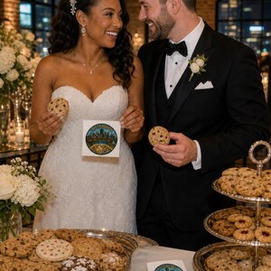 Pu&ograve; includere: Un tovagliolo di carta quadrato bianco con una grafica circolare colorata dello skyline di Pittsburgh sopra il testo Pittsburgh Cookie Table. Il tovagliolo &egrave; tenuto da una persona con un abito da sposa in pizzo bianco e un'altra con uno smoking nero.