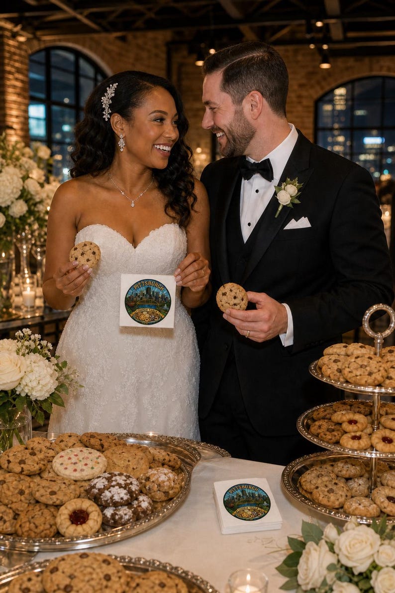 Pu&ograve; includere: Un tovagliolo di carta quadrato bianco con una grafica circolare colorata dello skyline di Pittsburgh sopra il testo Pittsburgh Cookie Table. Il tovagliolo &egrave; tenuto da una persona con un abito da sposa in pizzo bianco e un'altra con uno smoking nero.