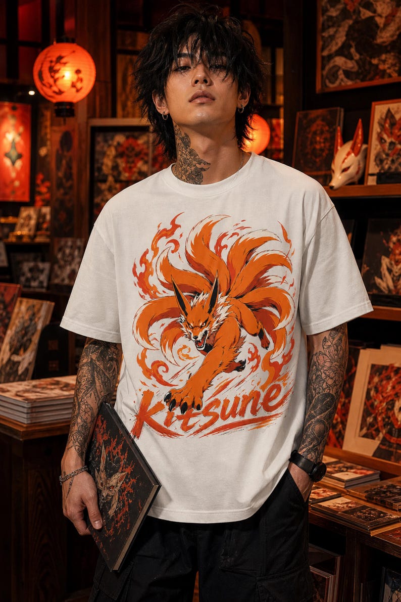 K&ouml;nnte beinhalten: Ein wei&szlig;es T-Shirt mit kurzen &Auml;rmeln und einem Grafikdruck eines orangefarbenen neunschw&auml;nzigen Fuchses, der von stilisierten Flammen umgeben ist. Das Wort Kitsune ist in orangefarbenen Buchstaben unten auf dem Grafikdesign aufgedruckt.