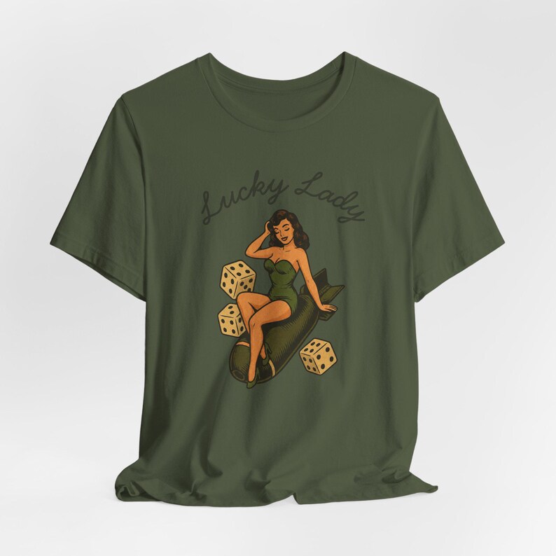 WWII Bomber Nose Art T-Shirt | Lucky Lady Pin-Up Girl | Vintage Aviation Pilot Gift image 7