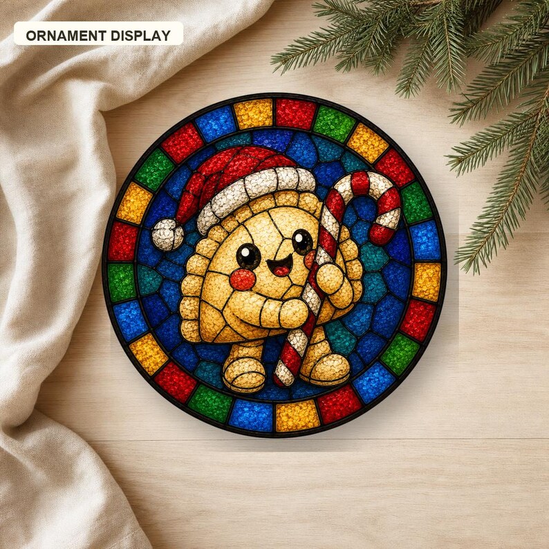 May include: A circular ornament display featuring a stained-glass style illustration of a smiling, golden-brown dumpling character wearing a red and white Santa hat and holding a red and white striped candy cane against a blue background.