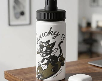 Lucky 13 Cat Bomb Nose Art Water Bottle, WWII Bomber Aviation