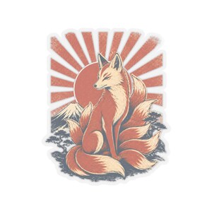 Kitsune Fox Sticker, Retro Japanese Sunrise Decal, Mount Fuji Folklore Art image 12