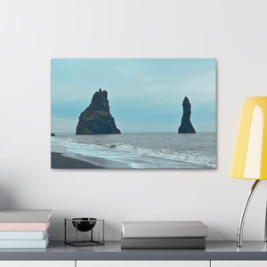 Reynisfjara Black Sand Beach Canvas, Iceland Sea Stacks Print, Nordic Coastal Landscape Decor image 3