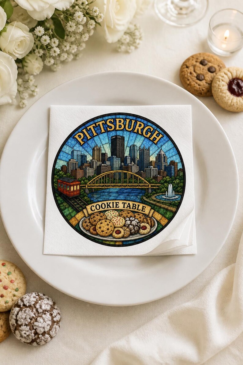 Pu&ograve; includere: Un tovagliolo di carta quadrato bianco con un'illustrazione circolare in stile vetrata dello skyline di Pittsburgh, un ponte giallo, un tram rosso e una fontana. Un banner riporta la scritta PITTSBURGH COOKIE TABLE sopra un assortimento di biscotti.