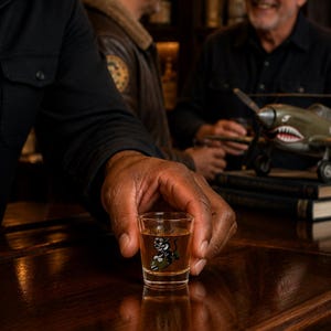 May include: A clear glass shot glass filled with an amber liquid, featuring a graphic of a black cat riding a green military-style bomb with the word Lucky written in cursive script above the illustration, positioned on a dark wooden surface.