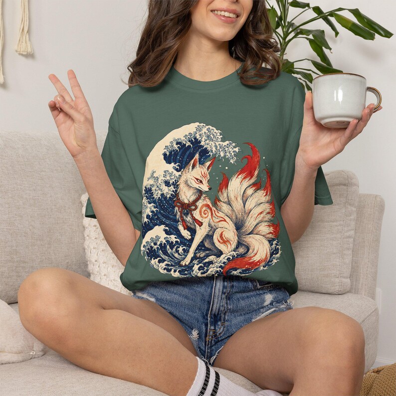 Kitsune Shirt, Japanese Fox Spirit, Ukiyo-e Wave Art, Folklore Tee image 10