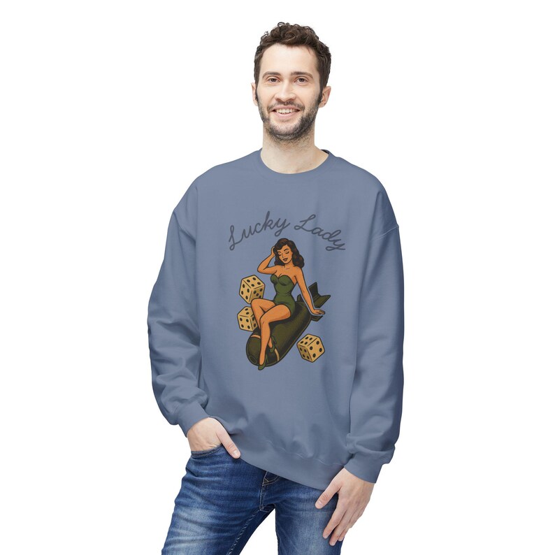 Vintage Pin Up Sweatshirt, WWII Nose Art Crewneck, Rockabilly Bombshell Aviation Top image 6