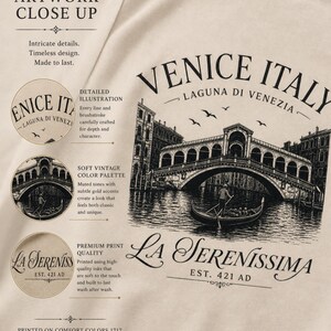 May include: A beige t-shirt featuring a black graphic illustration of the Rialto Bridge in Venice, Italy, with a gondolier in a boat. The text reads VENICE ITALY, LAGUNA DI VENEZIA, and LA SERENISSIMA EST. 421 AD, alongside descriptive marketing text.