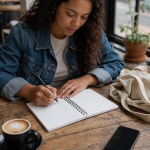 May include: A white spiral-bound notebook with lined pages, a black pen, a black smartphone, and a black ceramic cup containing a latte with heart-shaped foam art, all arranged on a rustic wooden surface for writing and note-taking tasks.