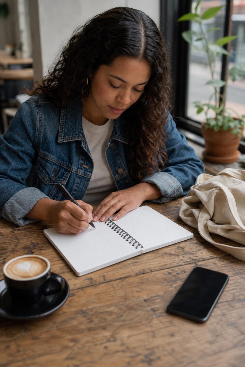 May include: A white spiral-bound notebook with lined pages, a black pen, a black smartphone, and a black ceramic cup containing a latte with heart-shaped foam art, all arranged on a rustic wooden surface for writing and note-taking tasks.