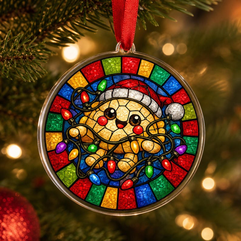 May include: A round, clear acrylic ornament featuring a stained-glass style design of a smiling, light-tan creature wearing a red and white Santa hat. The creature is tangled in a string of colorful Christmas lights against a vibrant, multi-colored border.