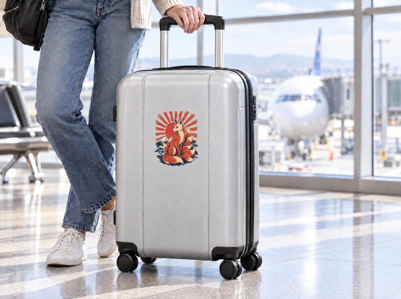 May include: A silver hard-shell carry-on suitcase with four wheels and a retractable handle. The front of the suitcase features a colorful sticker depicting a multi-tailed fox sitting in front of a red sunburst design with stylized blue waves.