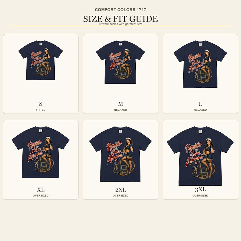 Op de afbeelding: Een maattabel voor een marineblauw t-shirt met een afbeelding van een pin-up zeeman en de tekst Permission to Come Aboard! De tabel toont zes maten van S tot 3XL en laat zien hoe het ontwerp schaalt op het Comfort Colors 1717 kledingstuk.