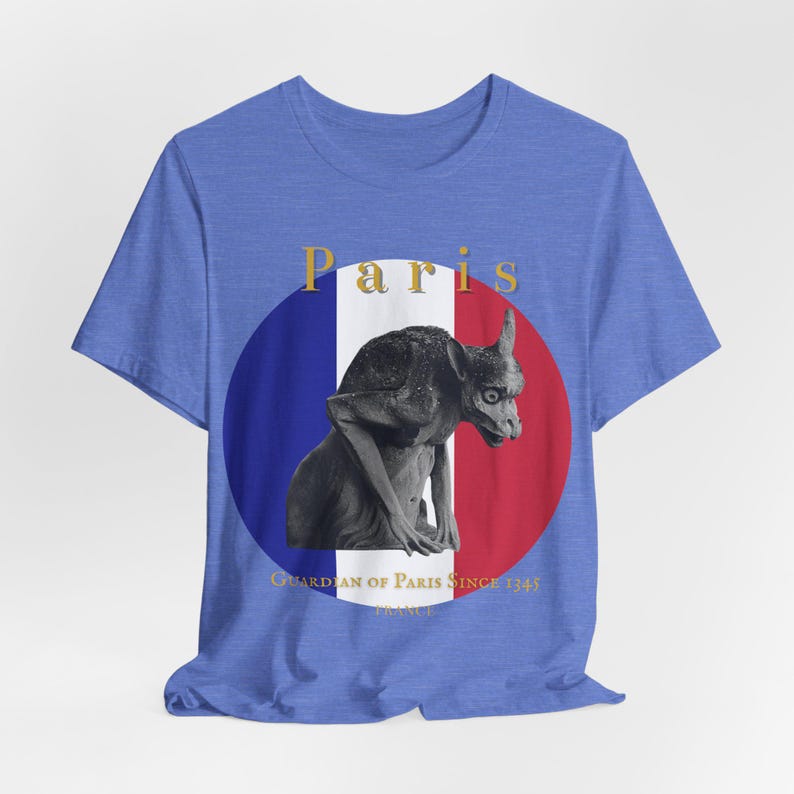 Gothic Gargoyle Paris T-Shirt | French Flag Travel Tee | Dark Art France Shirt image 2