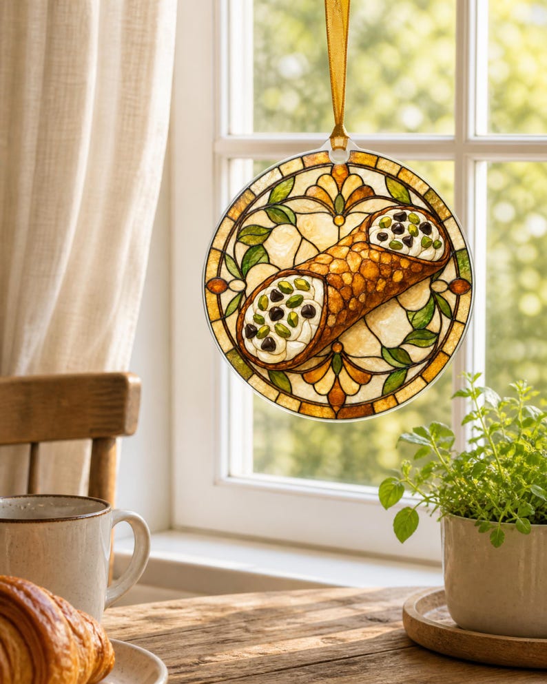 May include: A circular hanging ornament featuring a stained glass style design of a cannoli filled with cream, chocolate chips, and pistachios. The artwork is framed by amber, green, and cream geometric patterns and hangs from a gold ribbon.