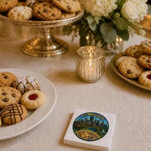Pu&ograve; includere: Una pila di tovaglioli di carta bianchi con una grafica circolare dello skyline di Pittsburgh e un ponte sopra un vassoio di biscotti assortiti con il testo Pittsburgh Cookie Table stampato in uno stile a vetrata colorata.