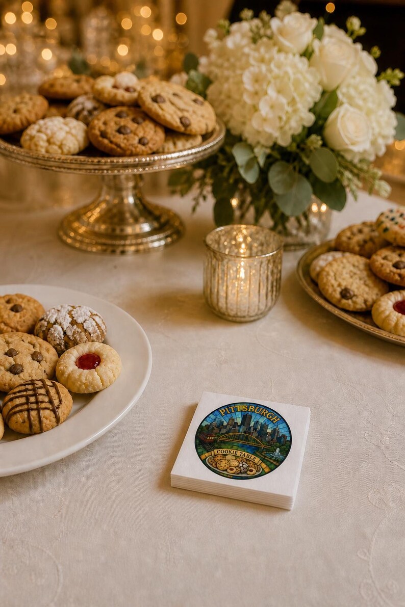 Pu&ograve; includere: Una pila di tovaglioli di carta bianchi con una grafica circolare dello skyline di Pittsburgh e un ponte sopra un vassoio di biscotti assortiti con il testo Pittsburgh Cookie Table stampato in uno stile a vetrata colorata.