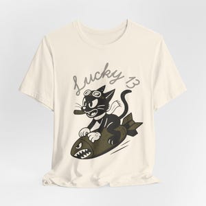 WWII Bomber Nose Art T-Shirt | Lucky 13 Cartoon Cat | Vintage Aviation Pilot Gift image 9